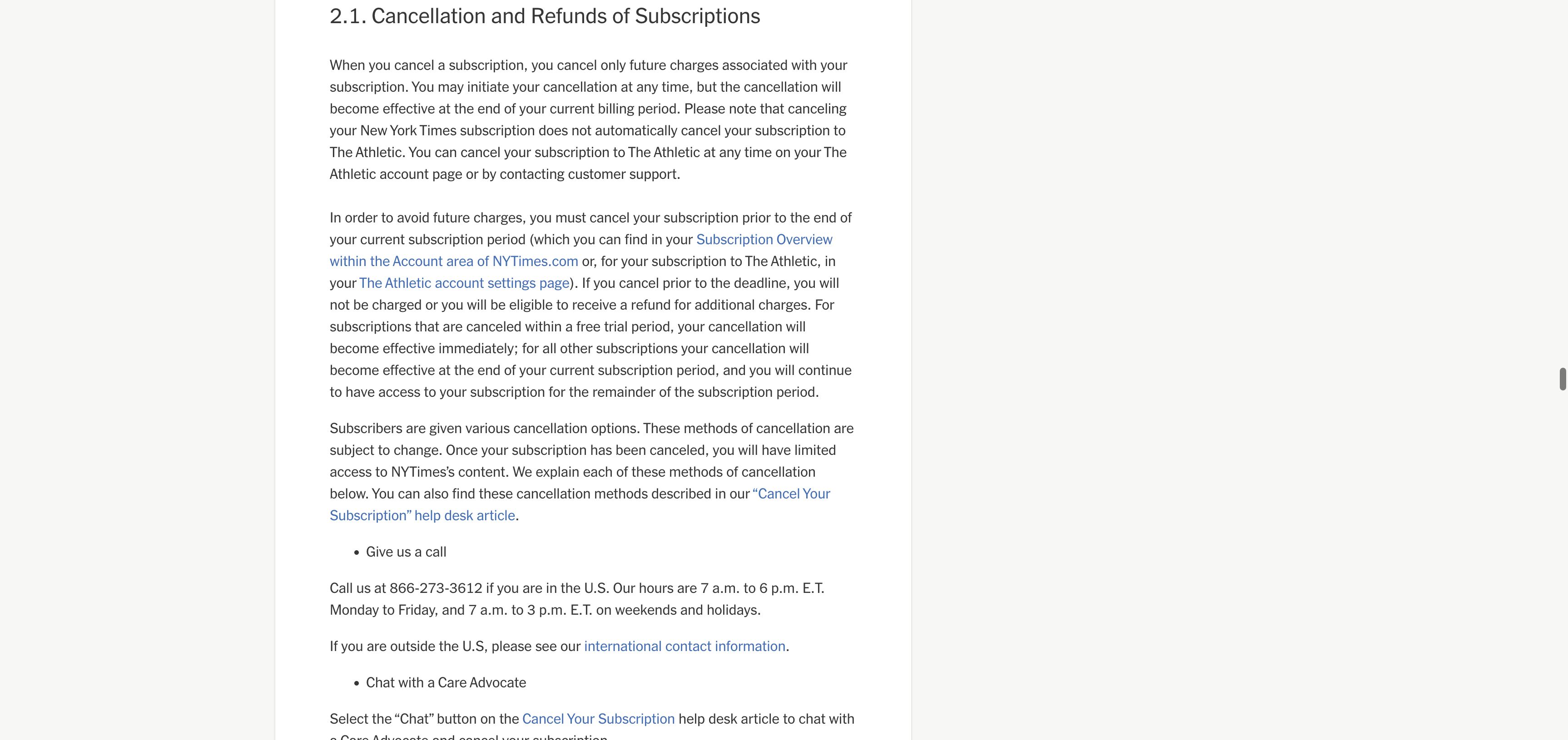 New York Times terms showing cancellation and refund rules for The Athletic subscriptions