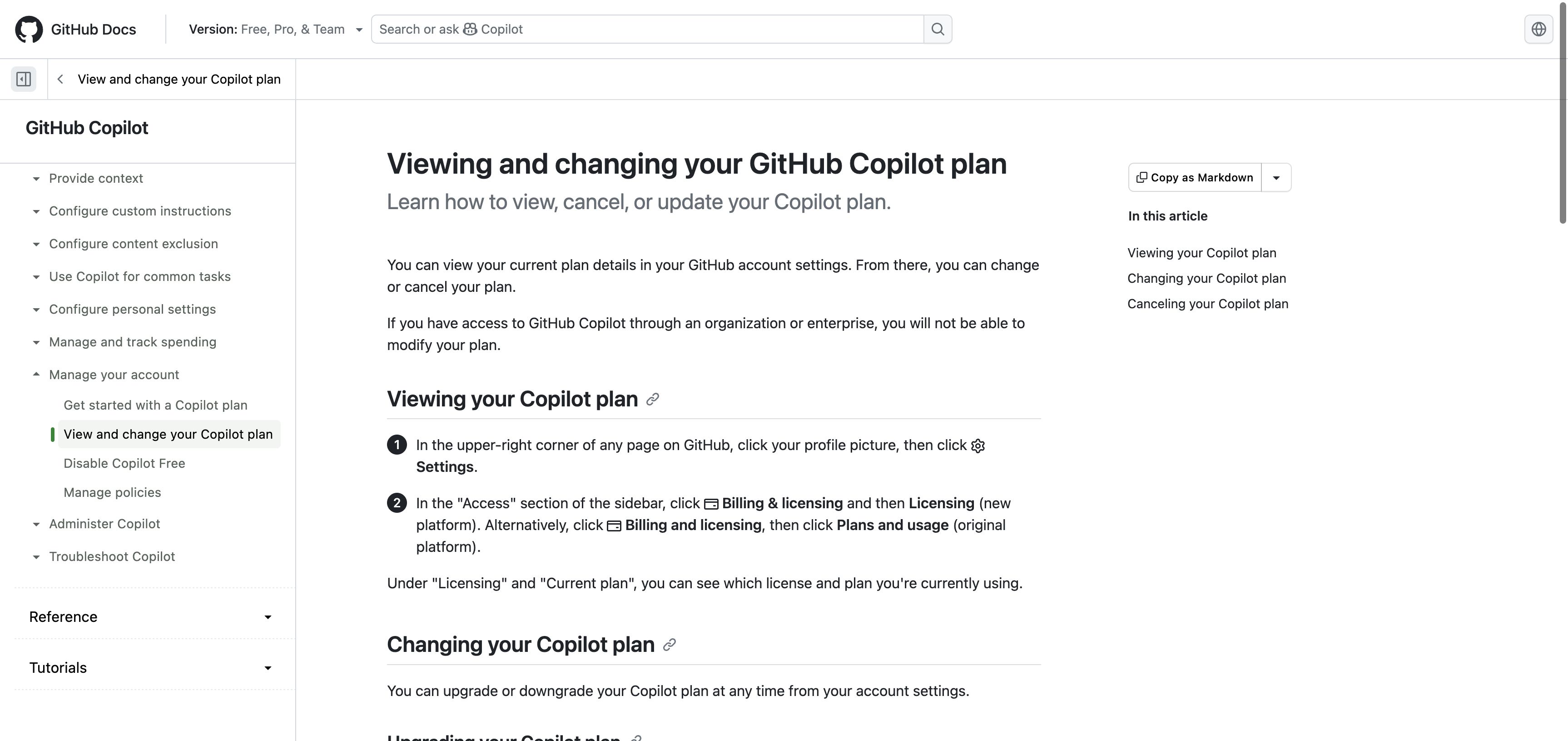 GitHub Docs showing the Billing and licensing routes for a personal Copilot plan