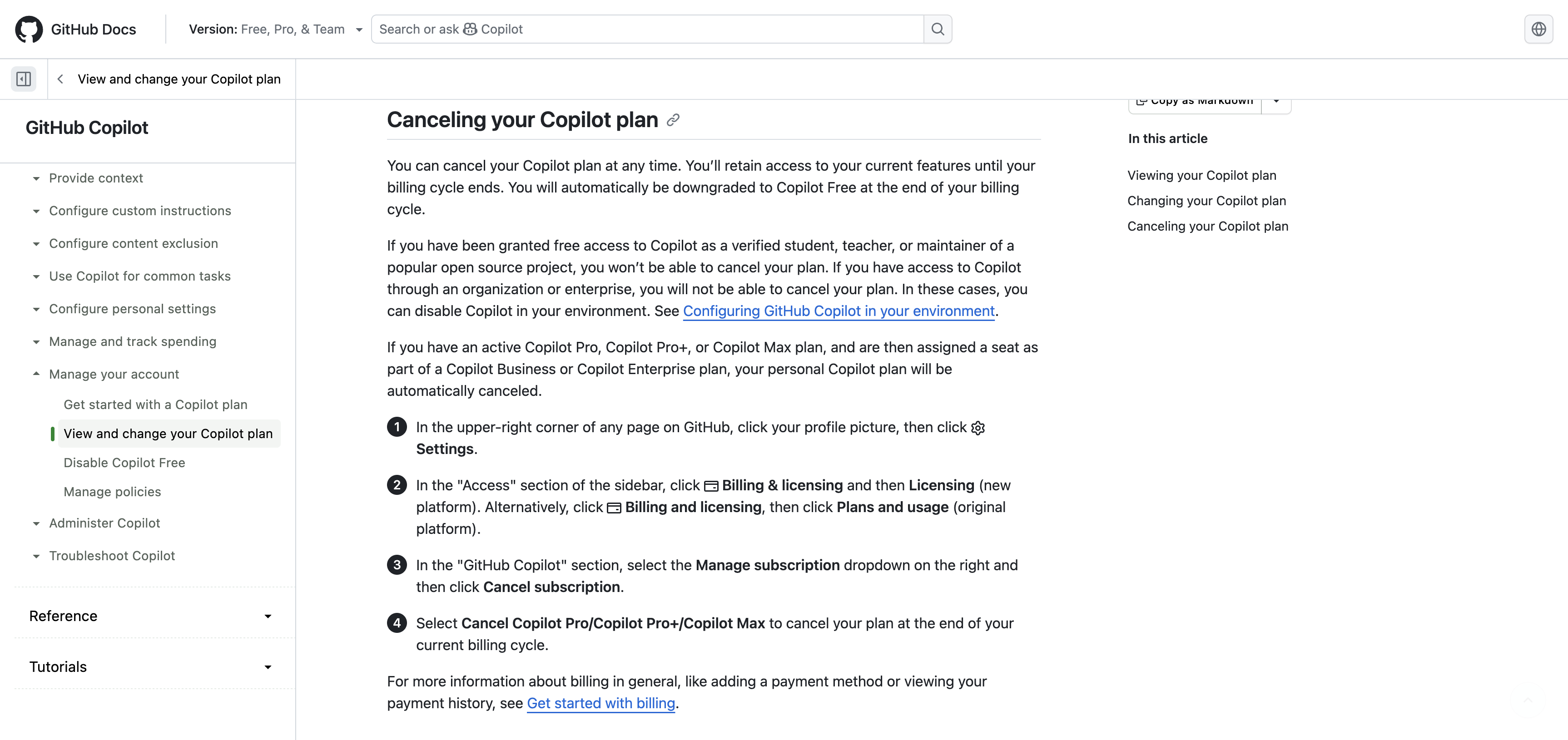 GitHub Docs showing the steps to cancel Copilot Pro, Pro Plus, or Max