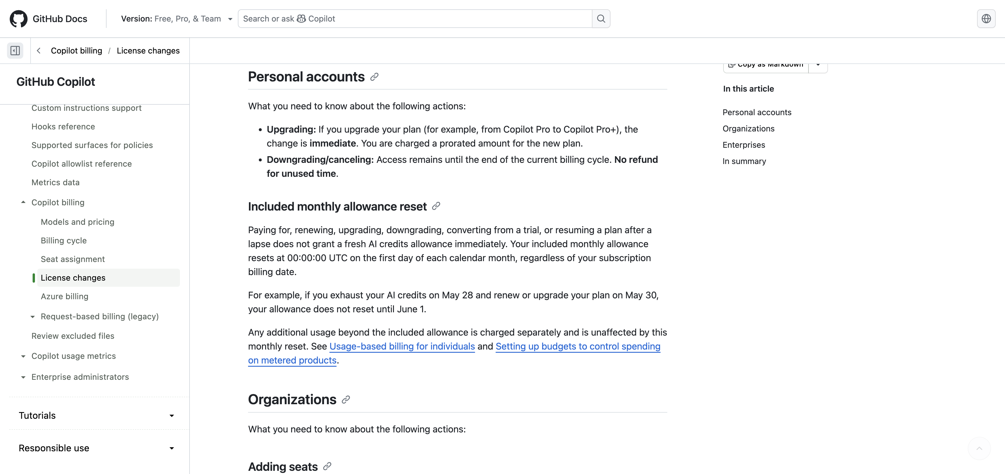 GitHub Docs personal-account policy stating no refund for unused Copilot time