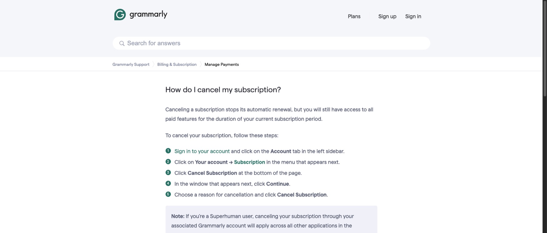 Grammarly Support page showing the current subscription cancellation steps