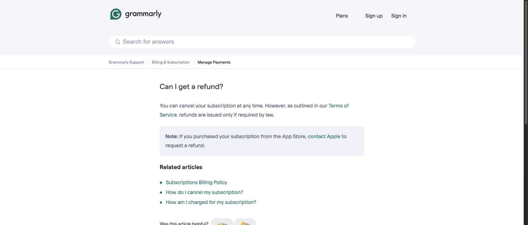 Grammarly Support page showing the current refund policy