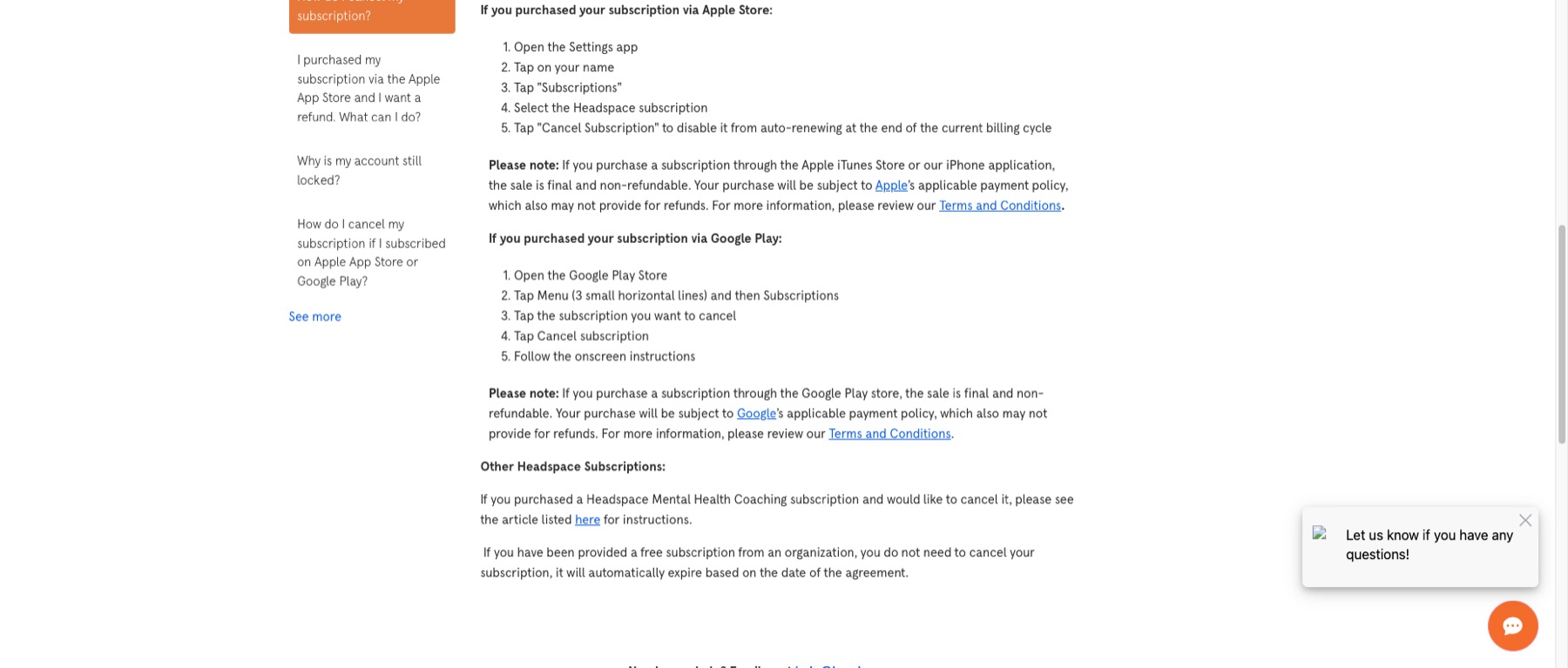 Headspace Help Center showing Apple and Google Play cancellation and refund notes