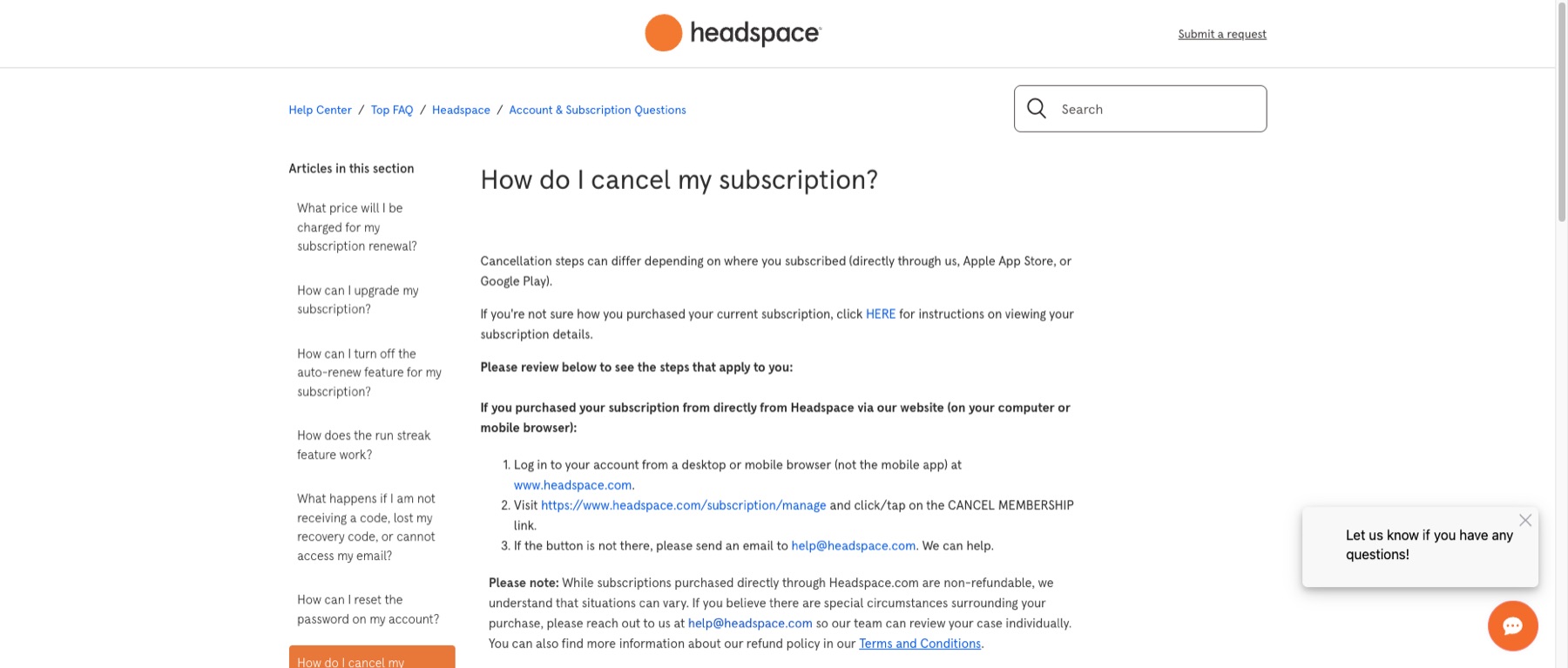 Headspace Help Center showing the direct web cancellation route