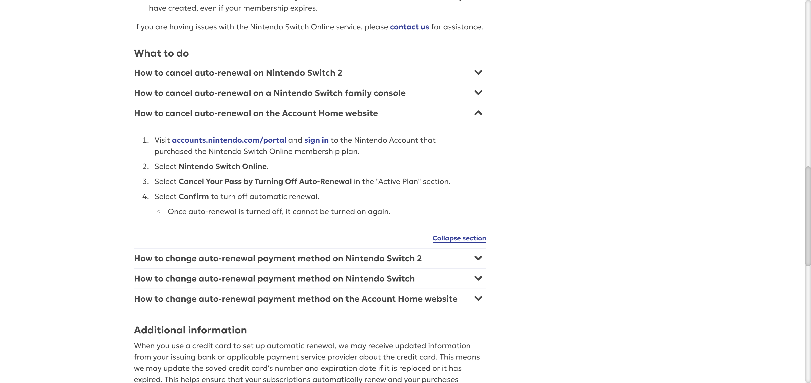 Nintendo Support page showing the four website steps to turn off automatic renewal