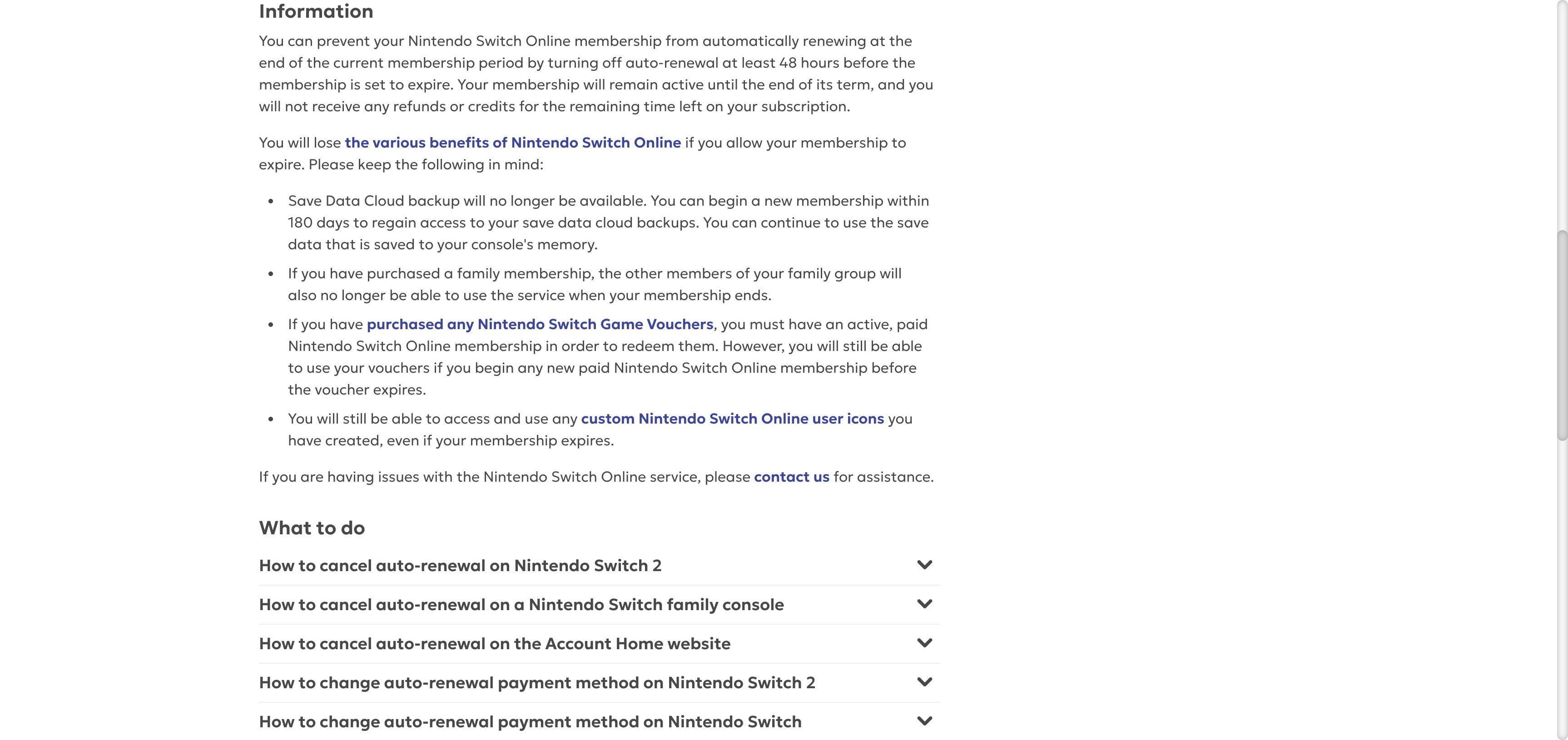 Nintendo Support notes about the 48-hour deadline, refunds, cloud saves, and family memberships
