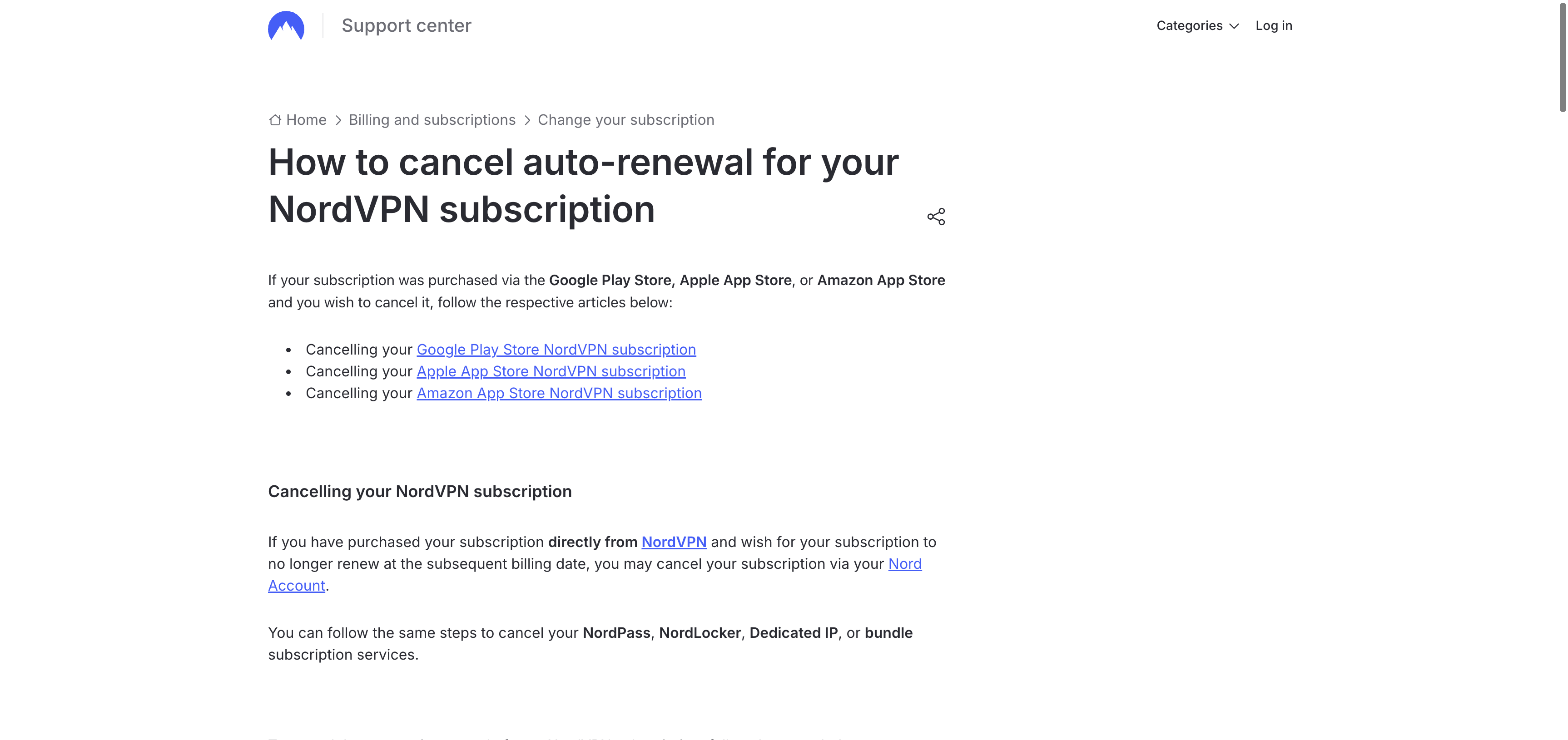 NordVPN Support page showing direct and store-billed cancellation routes