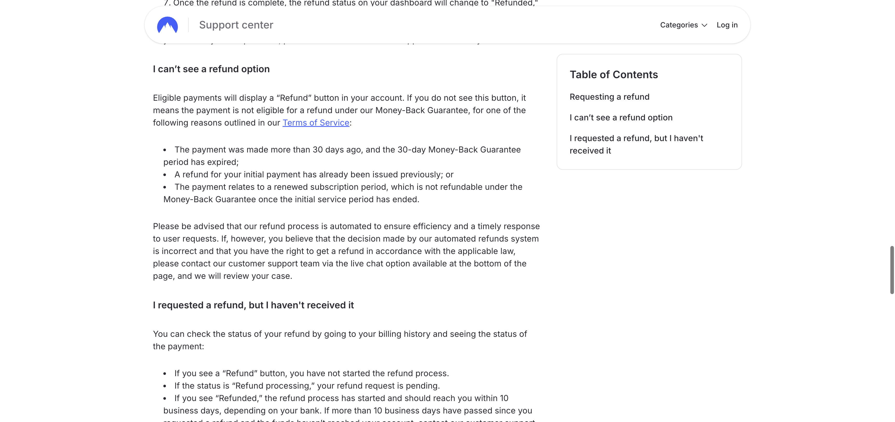 NordVPN Support list of reasons a payment may not show a refund button