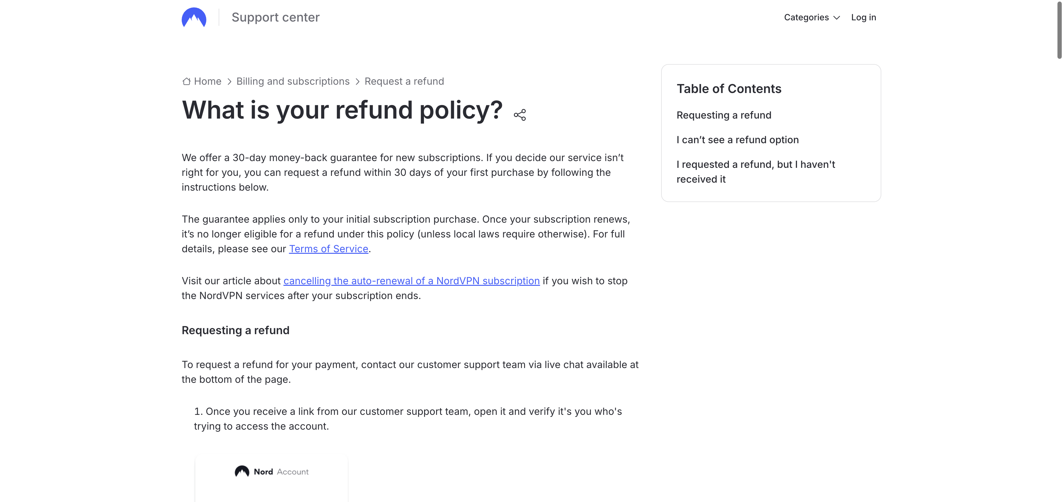 NordVPN refund policy stating the initial-purchase and renewal rules