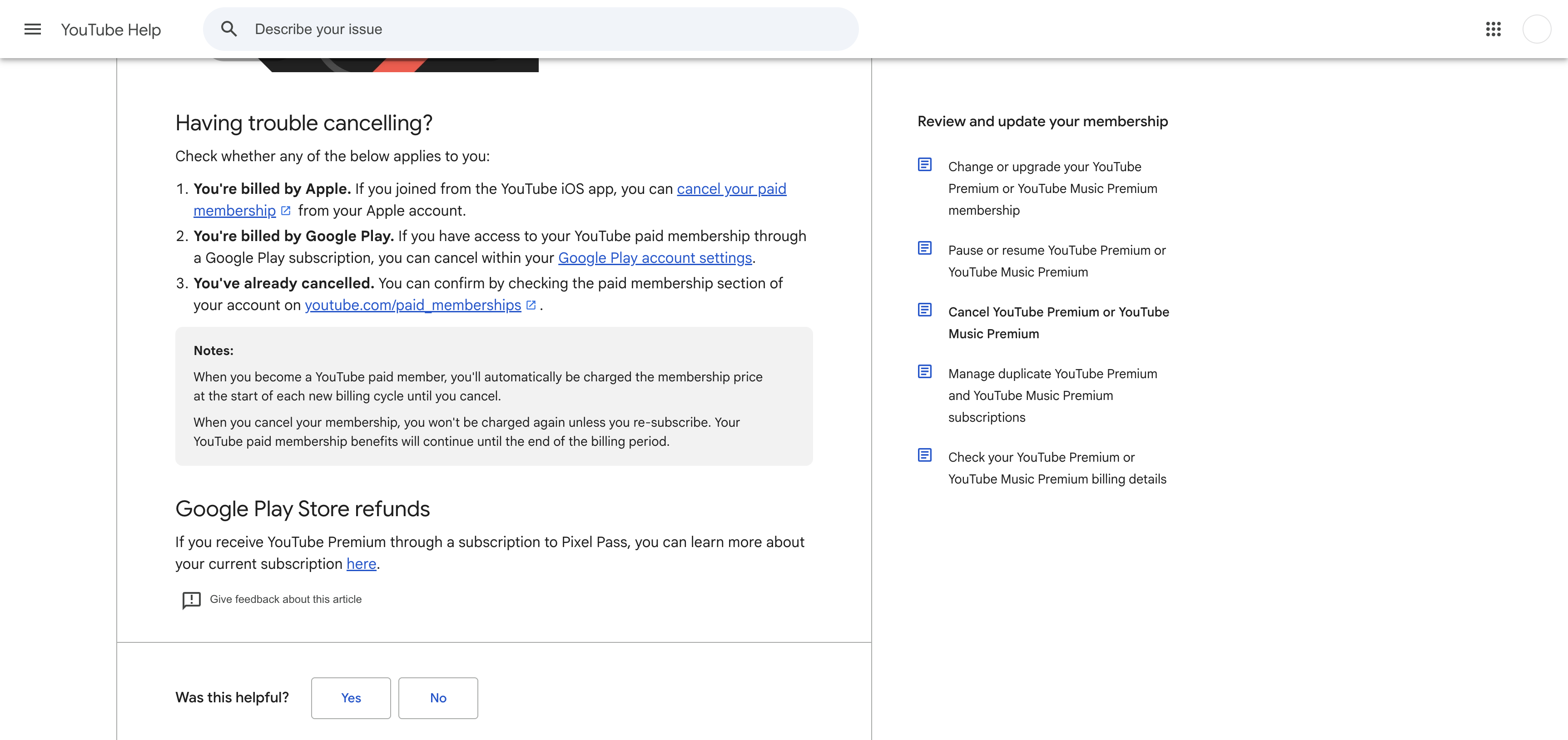 YouTube Help cancellation troubleshooting for Apple and Google Play billing