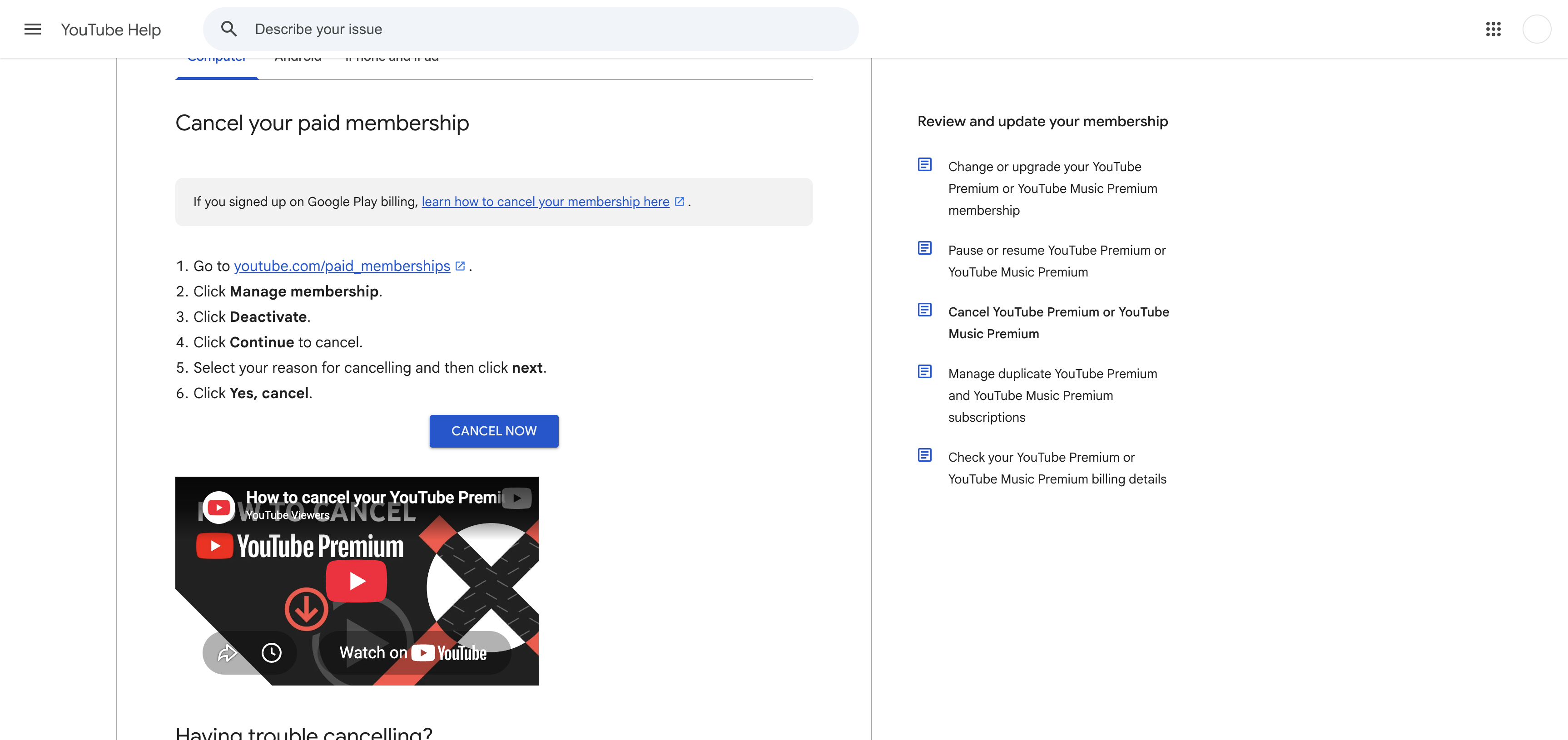 YouTube Help page showing the numbered steps to cancel a paid membership