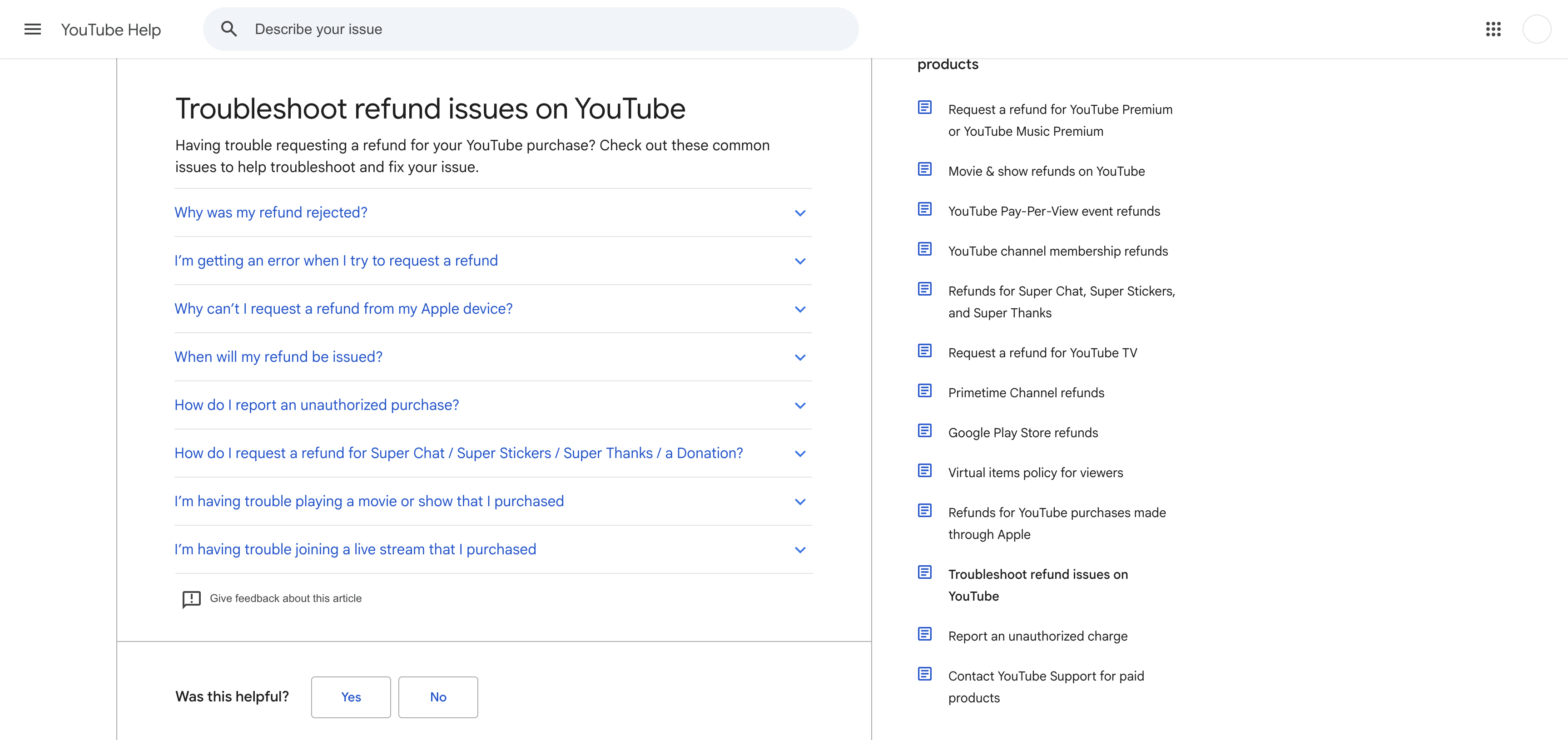 YouTube Help page showing refund troubleshooting and billing-provider routes